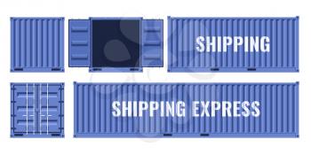 Blue shipping cargo metal container from different points of view. Flat vector illustration isolated on white background. Container for cargo export transportation
