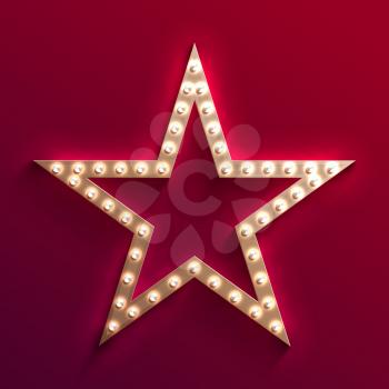 Hollywood film star with light bulb marquee. Retro gold movie frame. Casino light vector sign. Star with light bulb for movie banner hollywood, illustration