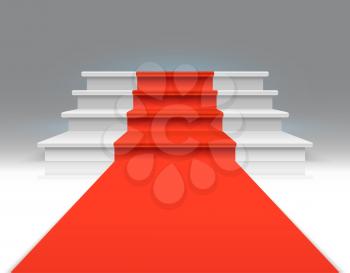 Red carpet on white walking stairs. Success, business growth and award vector abstract exclusive background. Carpet on stairway, up to podium, staircase illustration