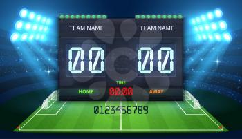 Stadium electronic sports scoreboard with soccer time and football match result display vector illustration