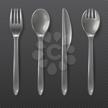 Realistic transparent plastic cutlery. Spoon, fork and knife isolated. Disposable tableware vector set. Spoon and fork, knife plastic for dining illustration