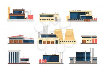 Industrial factory, power plant and warehouse buildings. Industrial construction vector flat icons. Factory and plant, warehouse and refinery building illustration