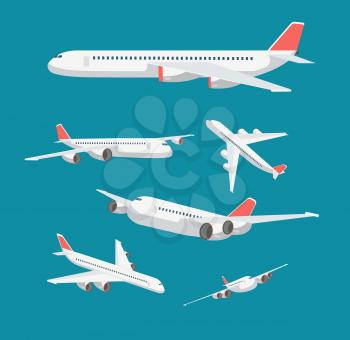 Charter flat airplane in various point of view. Civil aircraft journey and aviation vector symbols isolated. Aircraft charter, airplane with wing, aviation flight journey illustration