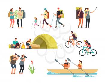 Active people hikers. Cartoon travelling family outdoor. Hiking and trekking tourists vector characters isolated. Illustration of family travel, trekking and adventure