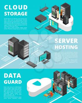 Business data protection. Network equipment and telecommunications. Server database storage, data center vector banners. Data base storage, datacenter and server illustration
