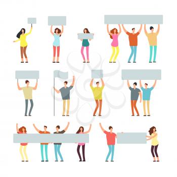 Peaceful man, woman holding banners and placards. People at demonstration, picket. Vector isolated characters for peace protest concept. Demonstration with placard, picket worker illustration