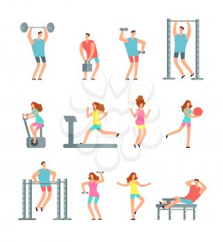 Woman and man doing various sports exercises with gym equipment. Fitness cartoon vector people, gym workout isolated. Fitness exercise in gym, workout and sport lifestyle illustration