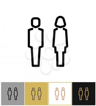 Man and woman icon of set, boy and girls bathroom symbols on gold, black and white backgrounds vector illustration