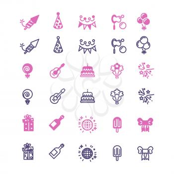 Event, party, birthday, festive icons set in linear style. Vector illustration