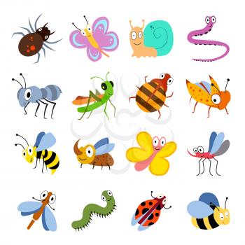 Cute and funny bugs, insects vector collection. Cartoon insects set. Illustration of insect grasshopper and caterpillar, ant and dragonfly