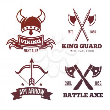 Colorful vintage warrior emblems. Viking, knight, king medieval labels. Vector illustration