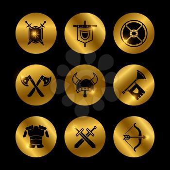 Gold vintage warrior medieval icons with lights isolated on black. Vector illustration
