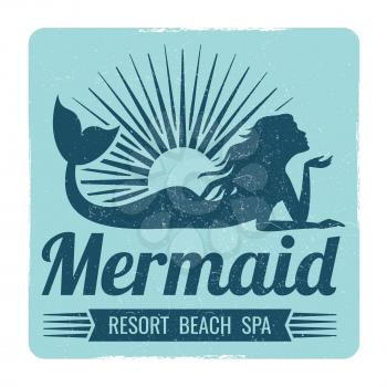 Grunge mermaid logo design. Resort beach spa label. Vector illustration