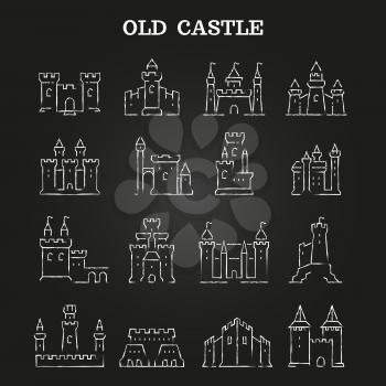 White chalk medieval castles set on blackboard isolated. Vector illustration