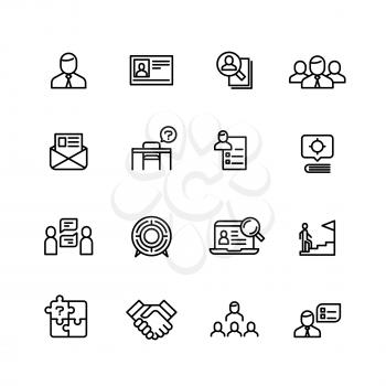 Head hunting, professional people management line icons. Search for employees, job and career outline vector symbols. Recruitment and career work, professional job and headhunting illustration