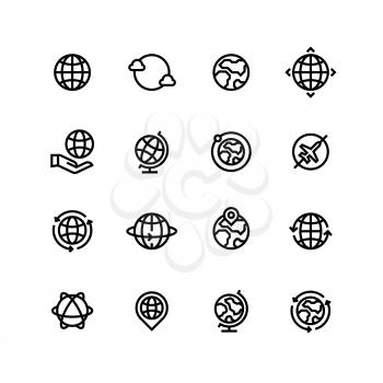 Global world, globe outline icons. Earth, map and travel simple line vector symbols. Illustration of world globe and earth global outline symbol