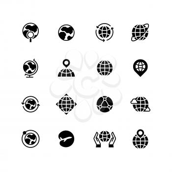 Global communication, globe and geography icons. Earth planet, world map and travel simple vector symbols isolated, Travel geography monochrome icons of set illustration