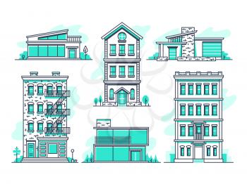 Contemporary urban and suburban houses line icons set. Real estate outline symbols. Building home contemporary, exterior house urban residential illustration