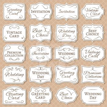 Vintage frames with floral ornament. Retro victorian wedding labels. Antique vector stickers isolated. Wedding sticker and label frame illustration