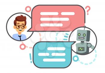 Human conversation with robot on smartphone. Chatting with bot, chatbot vector concept. Robot chat and smart, chatting on mobile phone illustration