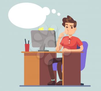 Thinking man and think bubble. Student at table with laptop education vector concept. Male character thoughts about online business. Businessman work and think on table office illustration