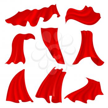 Realistic billowing red satin cloth isolated on transparent background. Fluttering fabric scarlet curtains vector set. Silk and satin cloth, red textile smooth material illustration