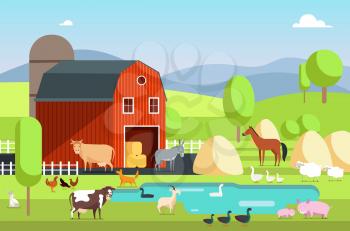 Ranch house, farm building and agricultural animals in rural landscape. Eco farm flat background vector illustration