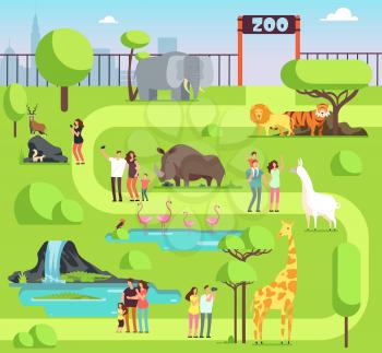 Cartoon zoo with visitors and safari animals. Happy families with kids in zoological park vector illustration. Family with kids in zoo, giraffe and elephant