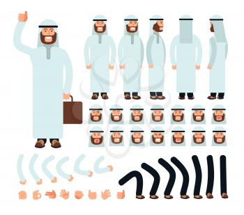 Young arab man in traditional islamic saudi clothes. Vector character creation set with face in different emotions and body parts. Arab muslim male, islam cartoon man illustration