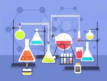 Chemistry laboratory experiment. Research lab science technology. Chemical laboratory vector flat concept. Illustration of science chemical education, research and experiment