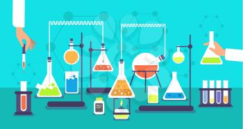 Chemical equipment in chemistry analysis laboratory. Science school research lab experiment vector background. Analysis experiment, lab research chemistry illustration