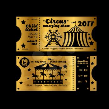 Vintage party invitation. Retro circus carnival ticket template Vector golden tickets isolated on black background. Illustration of coupon and announcement