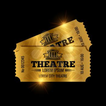 Vintage theatre tickets vector template. Vector golden tickets isolated on black backgound. Illustration of ticket paper entrance to cinema