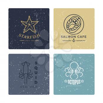 Grunge seafood labels line style collection isolated on white. Vector illustration
