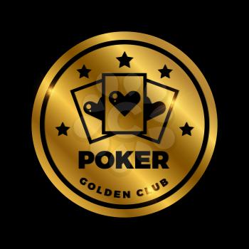 Shine golden poker label design. Golden vector casino icon isolated on black illustration