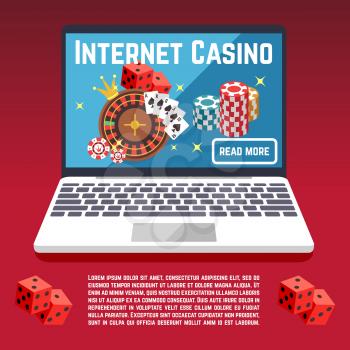 Internet casino page template with dice, poker, cards. Web poker and gambling game illustration