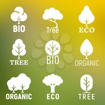 White vector tree organic eco bio logo set isolated on green background illustration