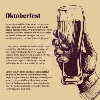 Hand with glass of beer. Hand drawn oktoberfest banner and poster design with grunge effect. Vector illustration