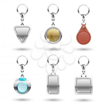 Realistic vector silver, golden, leather keychains in different shapes isolated on transparent background. Keychain metallic souvenir, trinket keyring, keyholder and breloque illustration