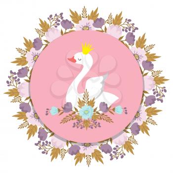 Round banner with vector princess swan and floral elements illustration
