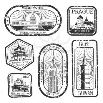 Black and white vintage travel stamps with major monuments and landmarks vector set. Illustration of travel landmark architecture, tourism stamp silhouette