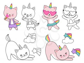 Cartoon character cats unicorn vector illustration. Coloring with outline and colorful kittens isolated on white