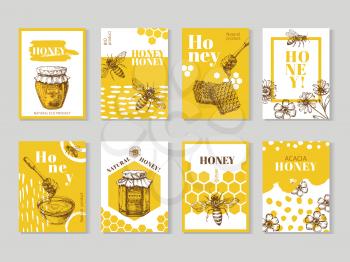 Hand drawn honey posters. Natural honey packaging with bee, honeycomb and hive vector design. Illustration of honey and honeycomb, food sweet posters of set