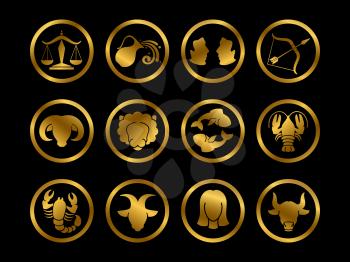 Golden horoscope zodiac vector signs. Astrology symbols set isolated on black background illustration