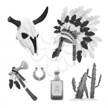Grey halftones tribal indian vector objects - buffalo skull, headdress, tomahawk illustration