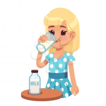 Girl drinks milk. Cartoon happy kid drinking cow milk in glass. Healthy childhood and dairy products vector concept. Milk in glass breakfast, tasty delicious natural organic illustration