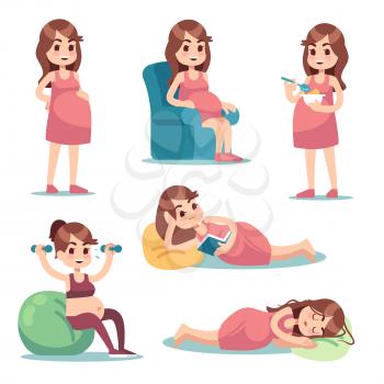 Pregnant woman. Happy mother in pregnancy eating, doing exercises, sitting and standing. Young pregnant female vector characters. Mother pregnant, healthy fitness for female pregnancy illustration