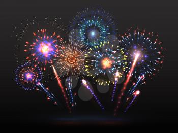 Fireworks background. Firework petard exploding in night. Light effect with firecracker sparks. 2019 happy new year vector backdrop. Firework with colored sparkle, petard and firecracker illustration