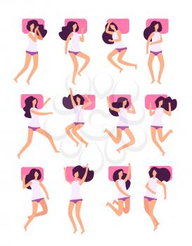 Sleeping poses. Woman sleeps in different postures with pillow. Female slumber lying in bed vector set. Illustration of woman rest position, pose sleep
