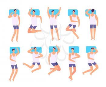 Sleeping man top view. Male sleeps in various postures with pillow in bed. Person sleep positioning vector set. Illustration of man sleeping positioning different